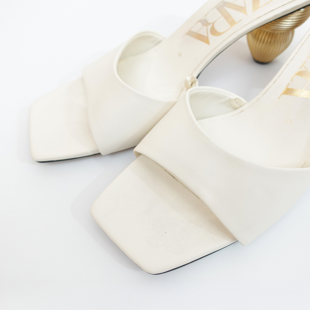 Zara White Slide Sandals with Gold Sculptural Ribbed Block Heel - EU 39/US 8 - Picture 9 of 12